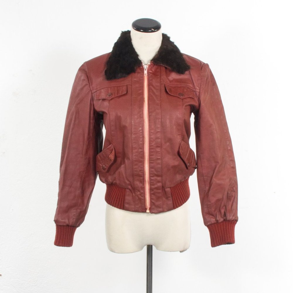 VTG 70's Maroon Leather Bomber Jacket Fur Collar